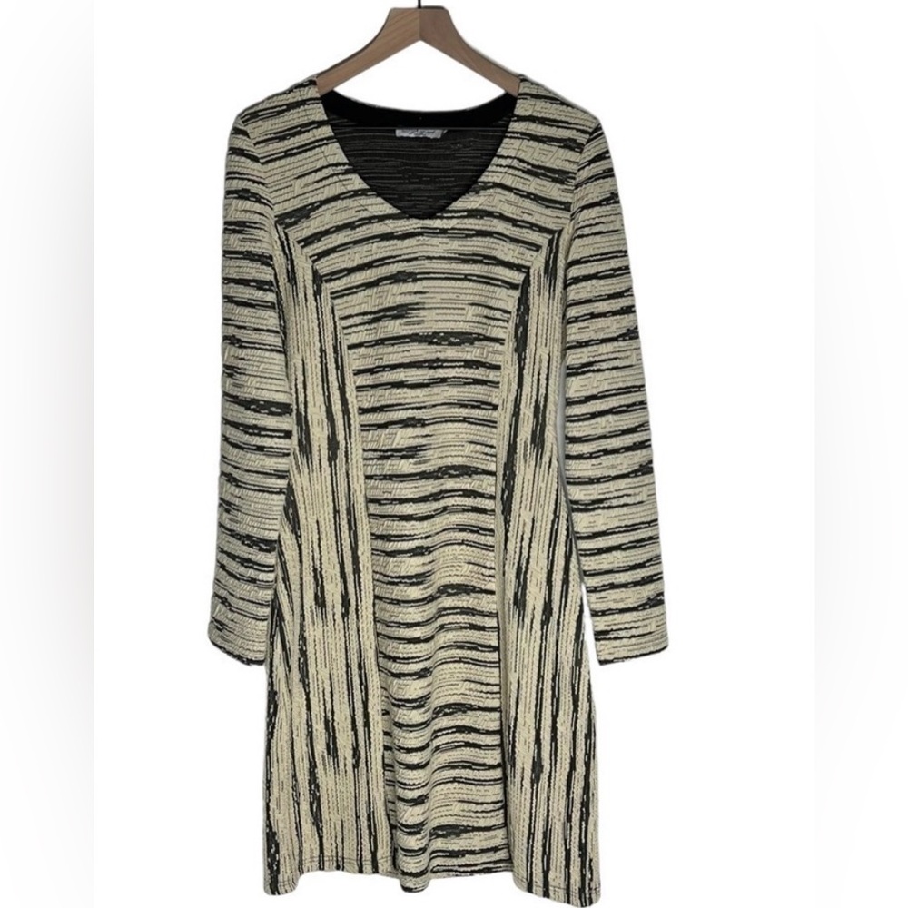 DZHAVAEL COUTURE Black/Cream Stripe Dress with Detachable Cowl Neck Dress